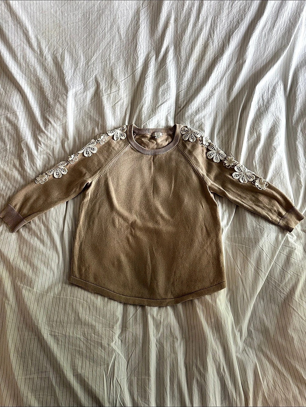 J.Crew Factory Flower Sleeve Sweater Cotton Tan - Small